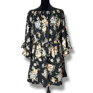 Blush Black Floral Long Ruffle Bell Sleeve Off Shoulder Drawstring Mini Dress